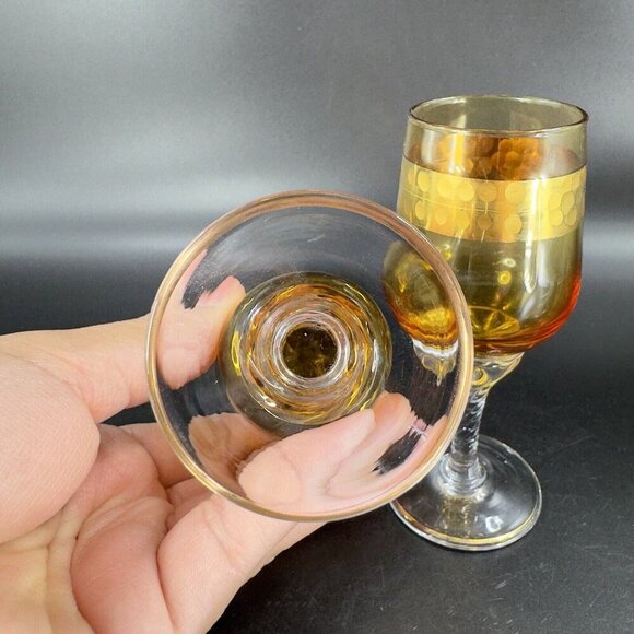 Vintage Czech Bohemian Small Goblet Drinking Glasses Set 2 Amber Clear Bottom - Picture 6 of 10